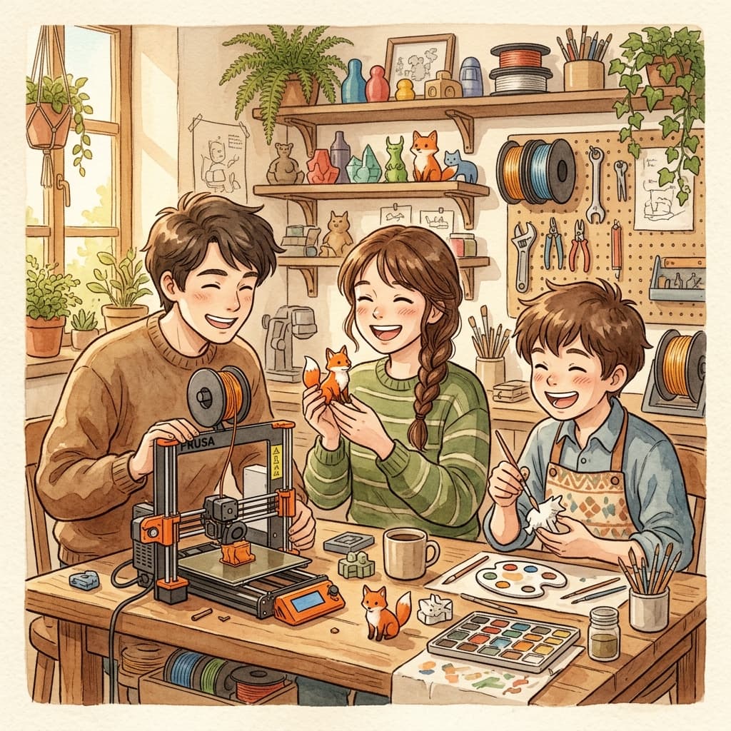 Ghibli-style illustration of three siblings in their creative workshop